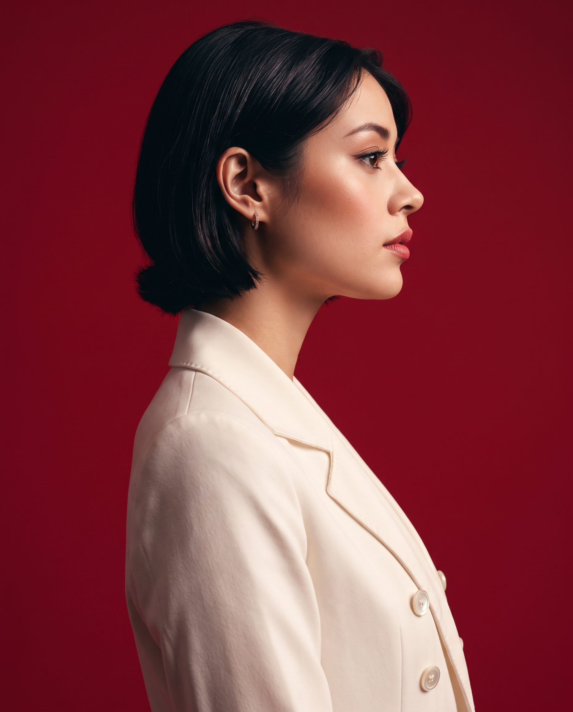 Editorial portrait of a woman in an ivory suit against a cherry-red backdrop