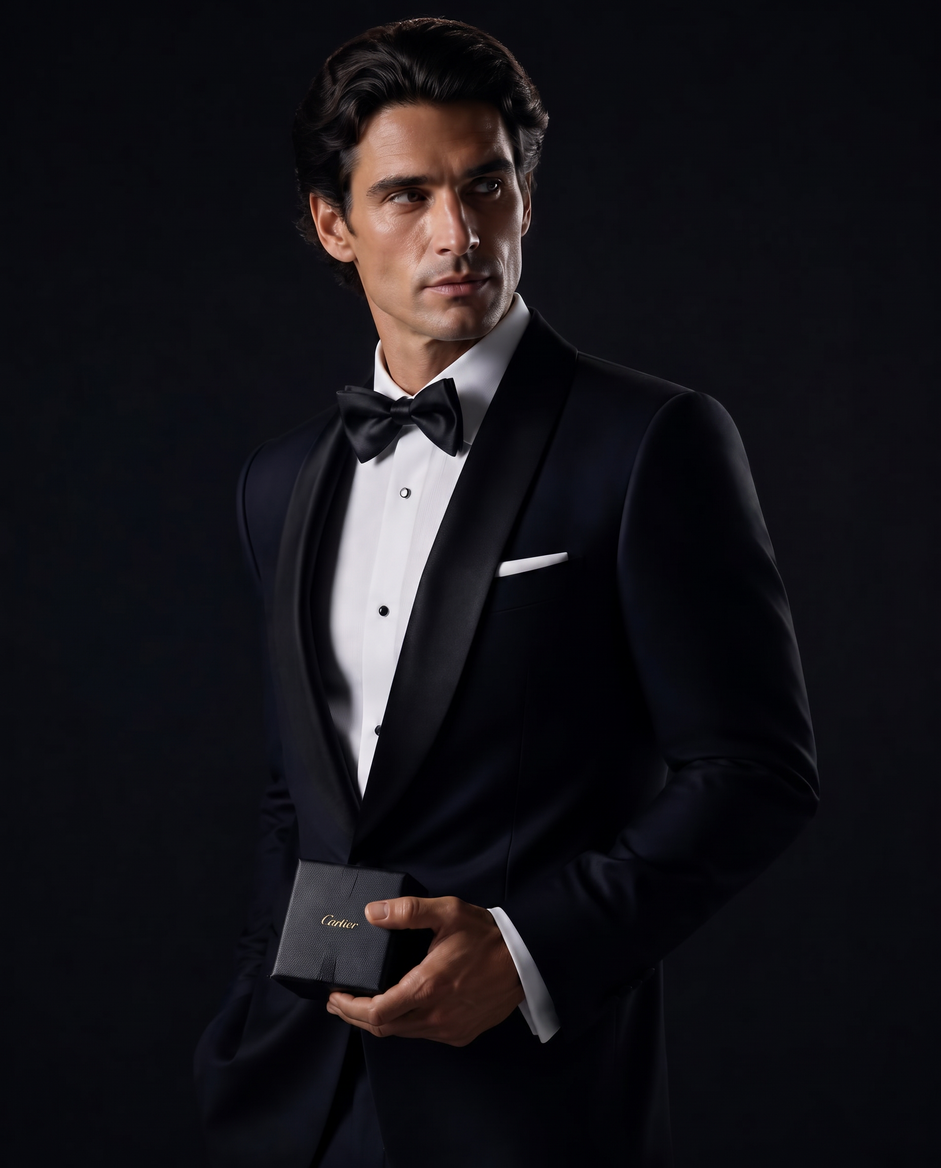 Editorial portrait of a man in a black tuxedo holding a gift box